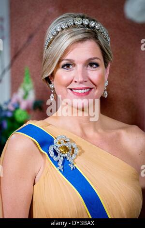 Amsterdam, The Netherlands. 04th Apr, 2014. Queen Maxima of The Netherlands poses for the official photograph before a banquet at the Royal Palace in Amsterdam, The Netherlands, 04 April 2014. Sweden and The Netherlands celebrate 400 years of diplomatic relations between both countries. Photo: Patrick van Katwijk/NETHERLANDS AND FRANCE OUT - NO WIRE SERVICE -/dpa/Alamy Live News Stock Photo