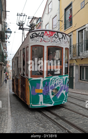 A graffiti covered  tram on the Elevador da Bica (or Bica Funicular),  Rua da Bica de Duarte Belo, Lisbon (Lisboa) Portugal. Stock Photo