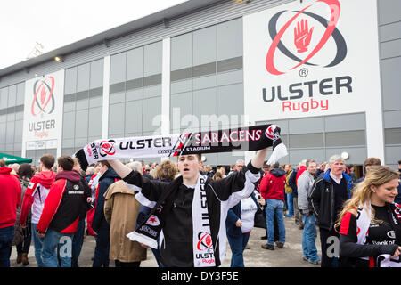 Belfast, N.Ireland. 05th Apr, 2014.Fans gather before the Heineken Cup Quarter-Final between Ulster Rugby and Saracens at Ravenhill Stadium Credit:  Action Plus Sports Images/Alamy Live News Stock Photo