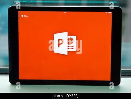 Berlin, Germany. 28th Mar, 2014. ILLUSTRATION - The PowerPoint App of Microsoft Office is displayed on the screen of an iPad Air in Berlin, Germany, 28 March 2014. Photo: Ole Spata/dpa/Alamy Live News Stock Photo