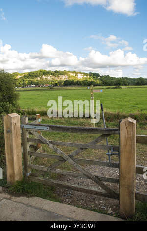 Looking across to the village of Houghton and Houghton Bridge from beside the River Arun in the South Downs National Park. Stock Photo