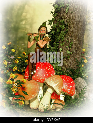 3d computer graphics of a forest fairy with a flute sitting on a toadstool Stock Photo
