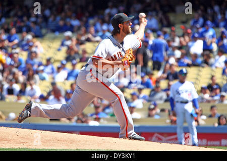 Los Angeles, California, USA. 5th Apr, 2014. April 5, 2014 Los Angeles, California: during the Major League Baseball game between the San Francisco Giants and the Los Angeles Dodgers at Dodger Stadium on April 5, 2014 in Los Angeles, California. Rob Carmell/CSM/Alamy Live News Stock Photo