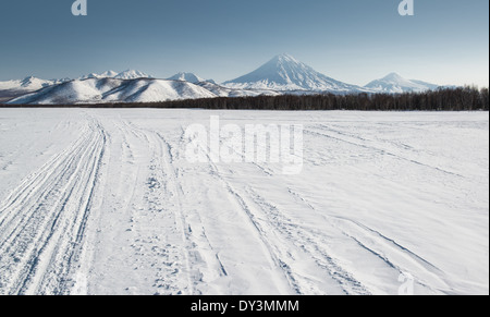 View of Avachinsky and Koryaksky volcanoes Stock Photo