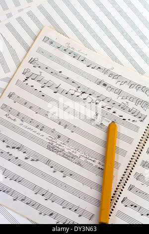 Pencil drawn notes on music manuscript Stock Photo