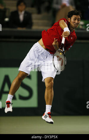 Ariake Coliseum, Tokyo, Japan. 5th Apr, 2014. Yasutaka Uchiyama (JPN), April 5, 2014 - Tennis : Davis Cup 2014 by BNP Paribas World Group Quarterfinal match between Japan 0-3 Czech Republic at Ariake Coliseum, Tokyo, Japan. Credit:  AFLO SPORT/Alamy Live News Stock Photo