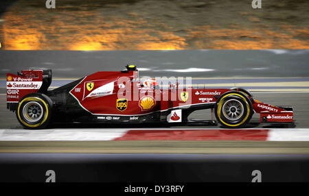 Manama, Bahrain. 06th Apr, 2014. Ferrari's Kimi Raikkonen drives during the qualifying session of the Formula One Bahrain Grand Prix in Manama, Bahrain, on April 5, 2014. Credit:  Xinhua/Alamy Live News Stock Photo