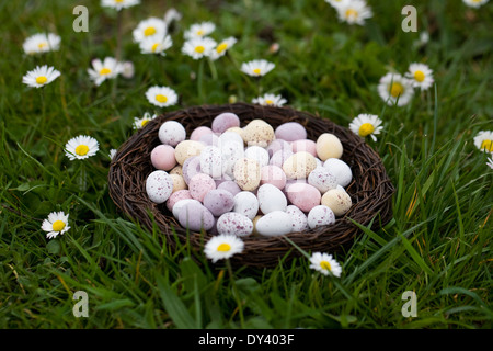 Mini Easter eggs in a basket on the lawn. Stock Photo