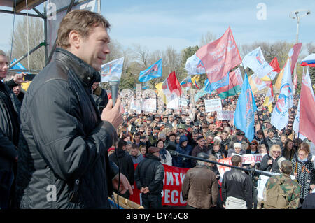Odessa, Ukraine. 06th April, 2014.In Odessa, the rally ('Kulikovo Field') spoke in support antimaydan candidate for president of Ukraine - Oleg Anatolevich Tsarov, after his speech, he talked to the media and the people`s. Protest meeting People's Assembly Antimaidan - 'Kulikovo Field'. This demonstration in Kulikovo Field, Odessa, Ukraine (South Ukraine), for a referendum, against the new government in Kiev, against the National-fascism.  The main slogans:  'We want a referendum'  'Freedom Anton Davydchenko'  'Odessa is a Russian city'  'We want Russian the second official language'  'We are  Stock Photo