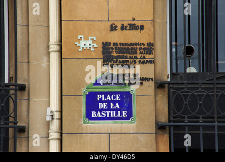 Street sign Place De La Bastille, Paris with alien and graffiti Stock Photo