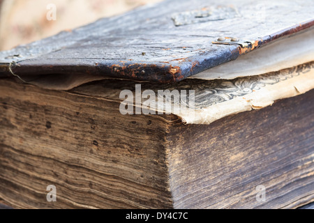 An old antique book with worn pages Stock Photo