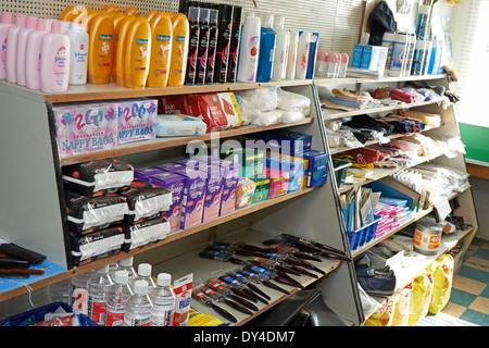 Products on the shelves in a village shop Stock Photo