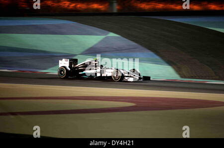 Manama, Bahrain. 06th Apr, 2014. Mercedes' Nico Rosberg competes during the final of Formula 1 Bahrain Grand Prix in Manama, Bahrain, on April 6, 2014.  Credit:  Hasan Jamali/Xinhua/Alamy Live News Stock Photo