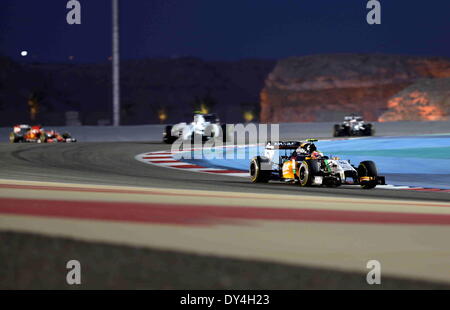 Manama, Bahrain. 06th Apr, 2014. Force India's Sergio Perez competes during the final of Formula 1 Bahrain Grand Prix in Manama, Bahrain, on April 6, 2014.  Credit:  Hasan Jamali/Xinhua/Alamy Live News Stock Photo