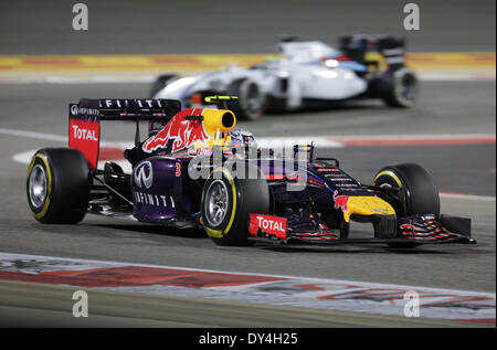 Manama, Bahrain. 06th Apr, 2014. Red Bull's Daniel Ricciardo competes during the final of Formula 1 Bahrain Grand Prix in Manama, Bahrain, on April 6, 2014.  Credit:  Hasan Jamali/Xinhua/Alamy Live News Stock Photo