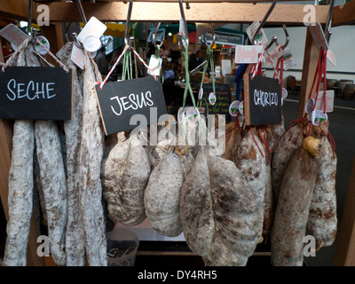 Dried cured sausage hanging on a stall in Borough Market, London Bridge, London, UK  KATHY DEWITT Stock Photo
