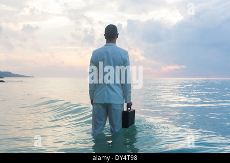 Businessperson standing in sea, rear view Stock Photo
