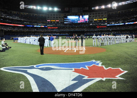 General view, APRIL 4, 2014 - MLB : Toronto Blue Jays and New York Yankees players line up during pre-game ceremonies for the Blue Jays Home Opener at Rogers Centre in Toronto, Ontario, Canada. (Photo by AFLO) Stock Photo