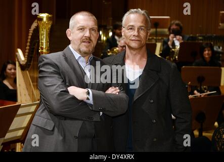 Cologne, Germany. 07th Apr, 2014. German actors Dietmar Baer (L) and Klaus J. Behrendt (R) pose during a photocall during the shooting of the Tatort crime series episode 'Pruegelknabe' in Cologne, Germany, 07 April 2014. Photo: Henning Kaiser/dpa/Alamy Live News Stock Photo