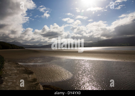 Estuary at low tide, view towards Afon Dwyryd Porthmadog Tremadog. Portmeirion, near Bangor, North Wales, United Kingdom Stock Photo