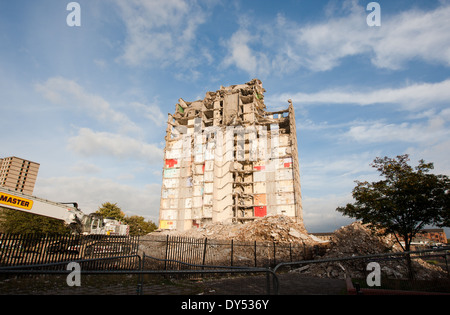 High rise flats in Glasgow being demolished. Stock Photo