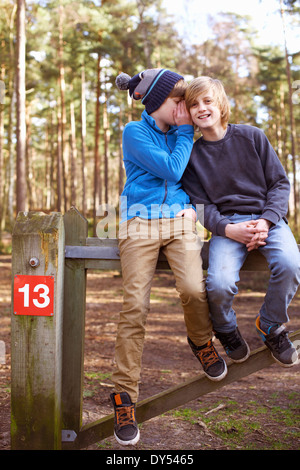 Twin brothers sitting and whispering on gate in forest Stock Photo