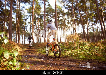 Twin brothers racing BMX bikes in muddy forest Stock Photo