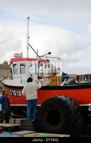 Fishermen unloading small fishing boat on Aldeburgh beach Stock Photo