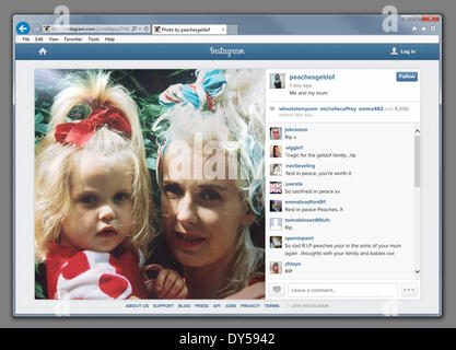 London, UK. 7th April 2014. Peaches Geldof's last tweet before she was found dead at her home in Wrotham, Kent earlier today. The tweet shows an instagram photograph of Peaches and her mother Paula Yates who died in 2000 Credit:  Lenscap/Alamy Live News Stock Photo
