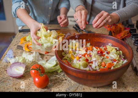 Senior woman and granddaughter chopping vegetables for salad Stock Photo