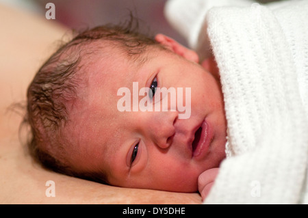 Newborn baby girl wrapped in a blanket with her eyes open lying on mum Stock Photo