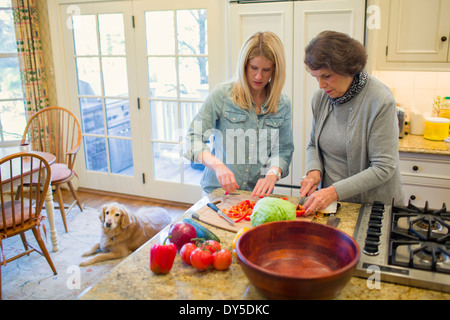 Senior woman and granddaughter chopping vegetables for salad bowl Stock Photo