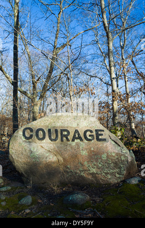 USA, Massachusetts, Gloucester, Dogtown rocks with inspirational words ...