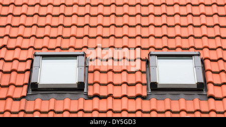 Orange roof with two classic garret windows. Stock Photo