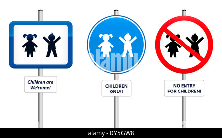 Three signs, that welcome children or that try to keep them away. The text in the signs can be changed. Stock Photo