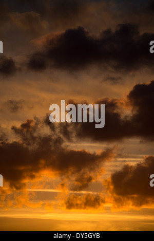 Sunset Golden Sky Silhouette Clouds | BRUSSELS, Belgium — Layers of storm cloud smolder orange against a darkening sky in this vertical view over the Brussels-Capital Region at dusk. The banded texture and glowing cloud edges are typical of convective cloud formations lit from below as the sun nears the horizon. Stock Photo