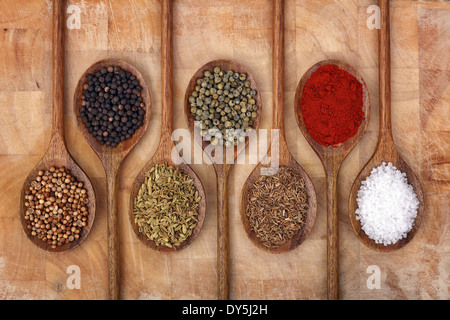Spices on wooden spoons Stock Photo