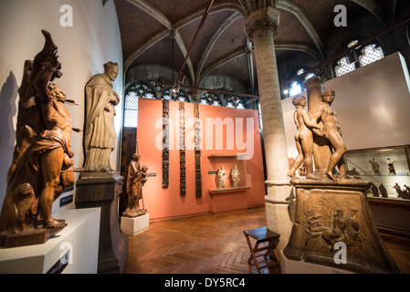 Historic statues on display at the Museum of the City of Brussels. The museum is dedicated to the history and folklore of the town of Brussels, its development from its beginnings to today, which it presents through paintings, sculptures, tapistries, engravings, photos and models.