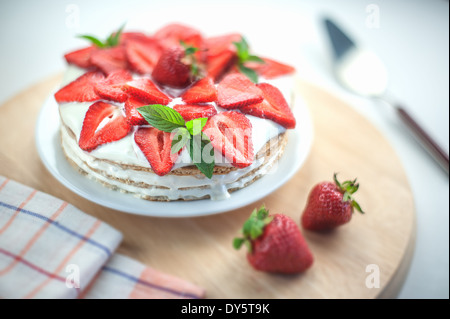strawberry cake with mint twig Stock Photo