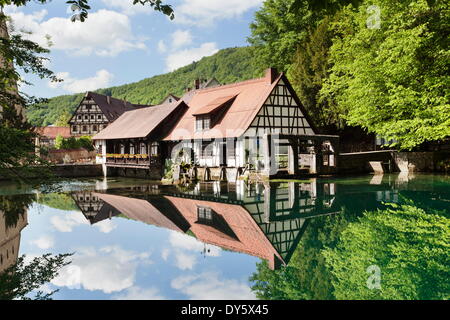 Mill reflecting in Blautopf Spring, Blaubeuren, Swabian Alb, Baden Wurttemberg, Germany, Europe Stock Photo