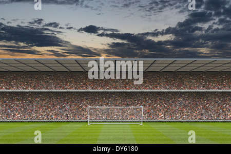 computer generated football stadium stand with crowd, goal posts and football pitch Stock Photo