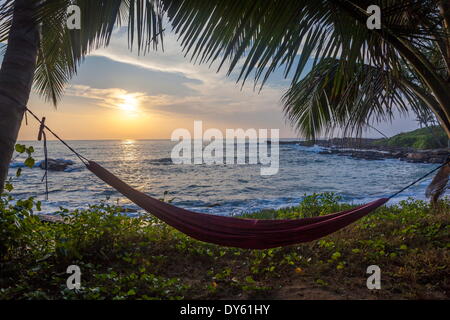 Silhoutte of an empty beach hammock at the beach, Tangalle, Sri Lanka, Asia Stock Photo