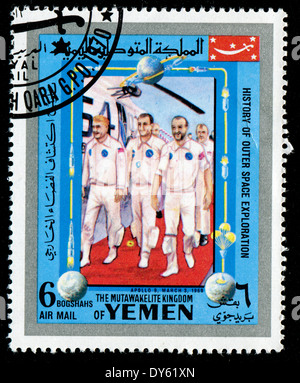YEMEN - CIRCA 1980s: a stamp printed by Yemen shows cosmonauts (APOLLO 9, MARCH 3, 1969), circa 1980s Stock Photo