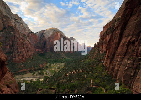 View down Zion Canyon from trail to Angels Landing at dawn, Zion National Park, Utah, United States of America, North America Stock Photo