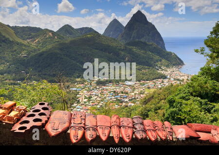 Souvenir stall with view of the Pitons and Soufriere, St. Lucia, Windward Islands, West Indies, Caribbean Stock Photo