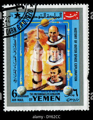 YEMEN - CIRCA 1980s: a stamp printed by Yemen shows cosmonauts (APPOLO 10, MAY 10, 1969), circa 1980s Stock Photo