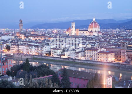 View from Piazzale Michelangelo to Florence with Basilica di Santa Maria del Fiore lit up, Florence, UNESCO Site, Tuscany, Italy Stock Photo