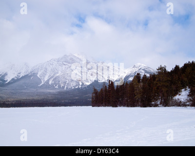 A view of frozen Pyramid Lake and Pyramid Mountain in the winter ...