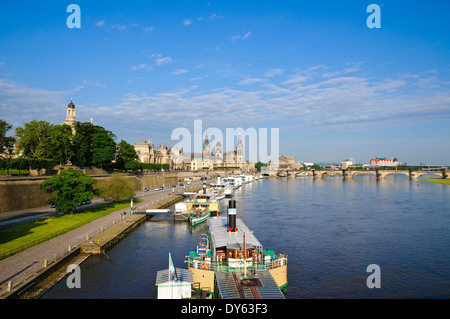 View over the river Elbe towards the barock historic city of Dresden and Augustus bridge, Dresden, Saxony, Germany Stock Photo