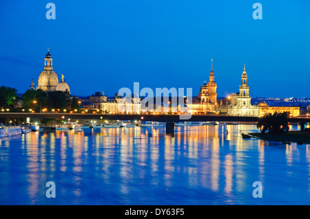 View over the river Elbe towards the barock historic city of Dresden at night, Bruehls Terrace and Frauenkirche, Dresden, Saxony Stock Photo
